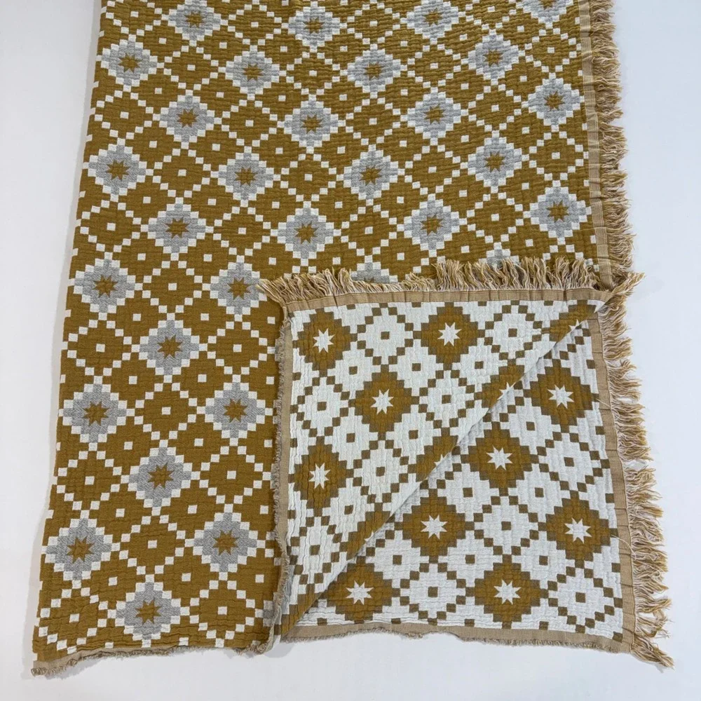 IKEA SVARTFRYLE Throw Blanket 51x67 Mustard Yellow Gray Jacquard Cotton Fringe